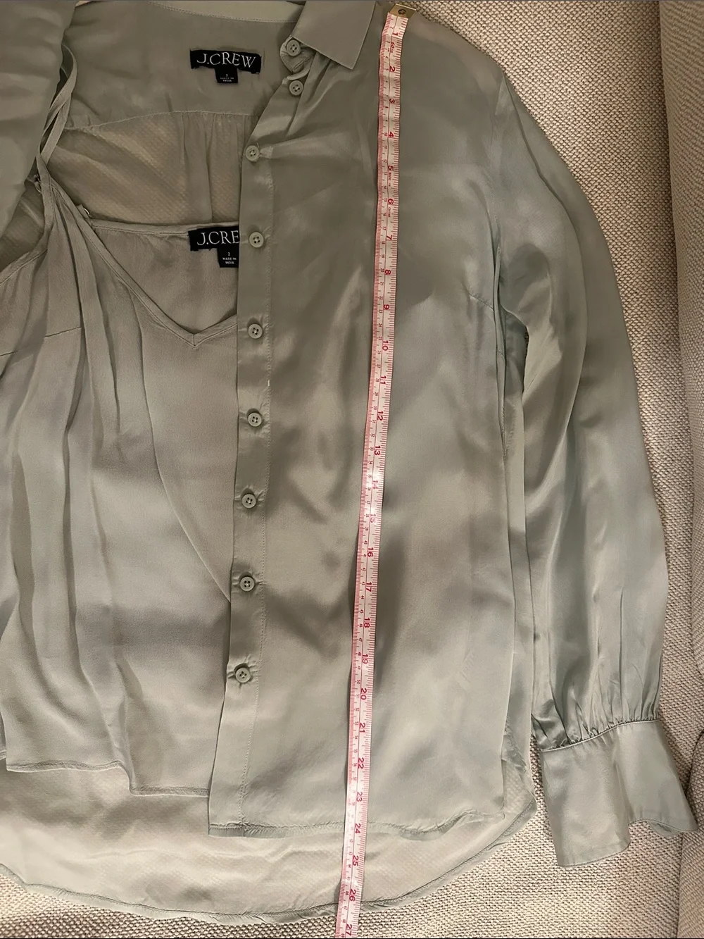 J. Crew Women's Sage Green Satin-Look Button Down Shirt